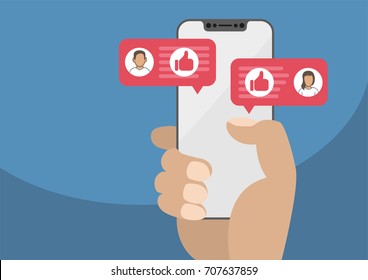 Hand holding modern bezel free smartphone as concept for social network. Thumbs up icon displayed within conversation of man and woman. Illustration in flat design.