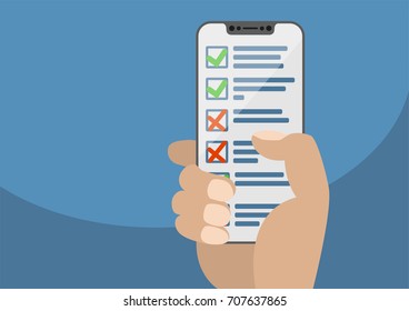 Hand holding modern bezel free smartphone with checklist or task list displayed on touchscreen. Concept for getting things done online. Illustration in flat design.