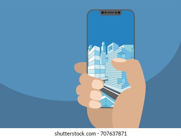 Hand holding modern bezel free smartphone. City displayed on frameless touchscreen. Concept for augmented reality or business. Illustration using flat design.