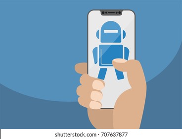 Hand holding modern bezel free smartphone. Robot icon displayed on touchscreen as concept for automation or digitalization in a mobile world. Illustration using flat design.