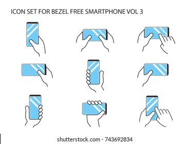 Hand holding modern bezel free smartphone with frameless touchscreen in different variations. Flat design with multiple thin line vector icons.