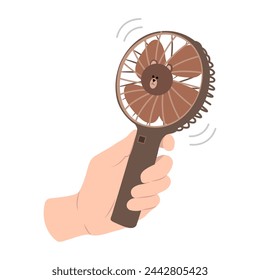 Hand holding modern brown portable fan isolated on white background. Hand drawn flat vector fan.