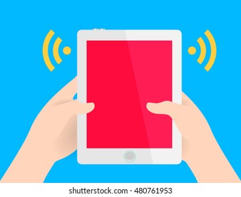 Hand holding modern colored mock up tablet. Vector icon web or app. Infographics. Wireless technologies people Hand holding tablet. Trending gadget flat style shadow material. Hand holding tablet.