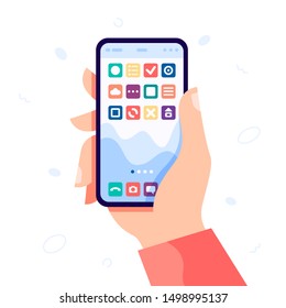 Hand holding modern phone with app icons. Touchscreen device with different colorful mobile applications. Vector flat cartoon illustration for web sites and banners design.