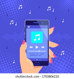 Hand holding modern phone playing audio or radio. Smartphone music player user interface concept. Media player app banner design. Flat style vector illustration.