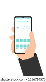 Hand holding modern phone. Smartphone user interface concept. 
