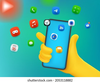 Mano con smartphone moderno con iconos de aplicación. Ilustración vectorial de estilo comic 3d