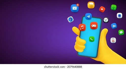 Hand holding modern smartphone with application icons. Horizontal vector banner with copy space