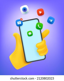 Hand holding modern smartphone with application icons. Comic 3d style vector illustration