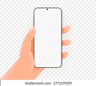 Hand holding modern smartphone with blank screen. Vector mockup