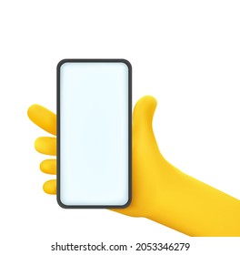 Hand holding modern smartphone with blank screen. Comic style vector illustration