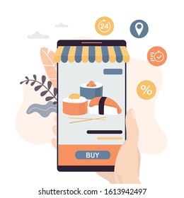 Hand holding modern smartphone. Buying and paying for sushi in application on mobile phone. E-commerce, internet shop and delivery. Traditional japanese food. Asian dish.Trendy vector illustration