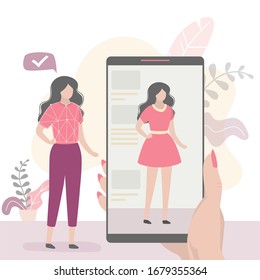 Hand holding modern smartphone. Female character trying on clothes in an online fitting shop. Online shopping, internet store. Banner with new fashion technologies. Trendy flat vector illustration