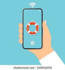 hand holding modern smartphone with lifebuoy that ready to be sent out via internet, concept of rescue online or wireless rescue for life trouble or business crisis