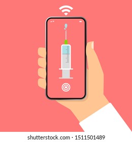 hand holding modern smartphone with vaccine syringe that ready to be sent out via internet, concept of healthcare online or wireless healthcare for health problem or business crisis