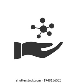Icono de la molécula de sujeción manual. Abrir la mano con la estructura molécula. Silueta negra. Concepto de ciencia. Vector aislado en blanco