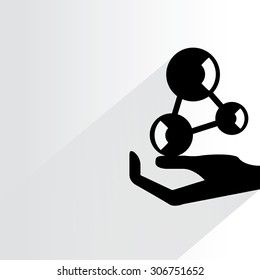 hand holding molecule structure on white background, flat and shadow theme