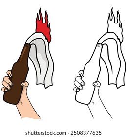 Mano sosteniendo la Ilustración vectorial molotov. Molotov con fuego para el logotipo, etiqueta, emblema, muestra, insignia.	
