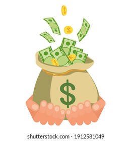 Hand holding money bag with banknotes. Symbol of wealth, success and good luck. Bank and Finance. Flat vector cartoon illustration. Objects isolated on a white background.