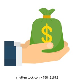 Hand holding money bag with banknotes. Symbol of wealth, success and good luck. Bank and Finance. Flat vector cartoon illustration. Objects isolated on a white background.