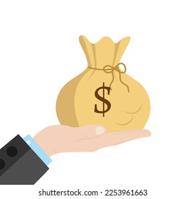 Hand holding a money bag. Coins in hand. The concept of saving finance and accounting. Vector illustration