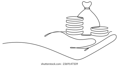 Hand holding money bag with coins stack continuous one line drawing. Business concept. Vector illustration isolated on white.