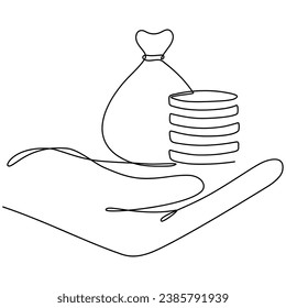 Hand holding money bag with coins stack continuous one line drawing. Vector illustration isolated on white.