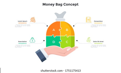 Hand holding money bag divided into 4 colorful jigsaw puzzle pieces. Concept of four steps of finance saving and investment. Simple infographic design template. Modern flat vector illustration.