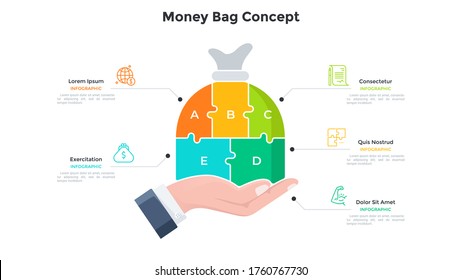 Hand holding money bag divided into 5 colorful jigsaw puzzle pieces. Concept of five steps of finance saving and investment. Simple infographic design template. Modern flat vector illustration.