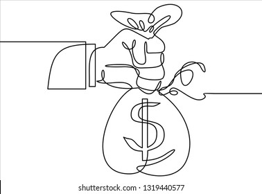 Hand holding a money bag with dollar sign.Vector continuous line.