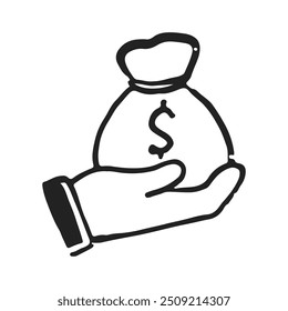 Hand holding a money bag with a dollar sign prominently displayed on it. This symbol is commonly associated with money, finance, savings, or wealth.