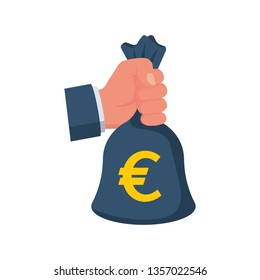 Hand holding money bag with euro. Bag with money. Big earnings. Earning money concept. Banking investment deposit. Vector illustration flat style. Isolated on white background.