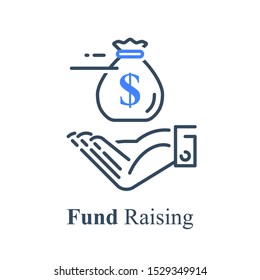 Hand holding money bag, financial help concept, instant money, fast loan, credit approval, banking service, bond investment, venture capital, pension savings account, vector line icon
