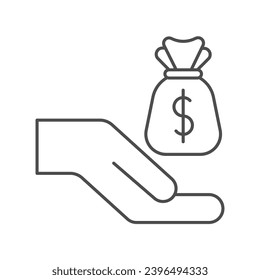 Hand holding money bag, Financial independence, Holding wealth thin line Icon, outline icon, pixel perfect icon