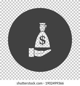 Hand Holding The Money Bag Icon. Subtract Stencil Design on Tranparency Grid. Vector Illustration.