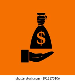 Hand Holding The Money Bag Icon. Black on Orange Background. Vector Illustration.