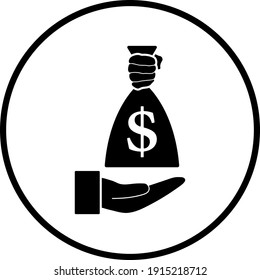 Hand Holding The Money Bag Icon. Thin Circle Stencil Design. Vector Illustration.