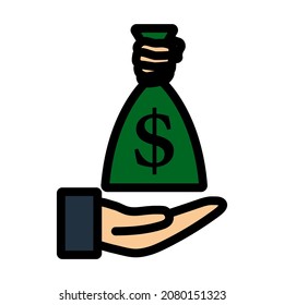 Hand Holding The Money Bag Icon. Editable Bold Outline With Color Fill Design. Vector Illustration.