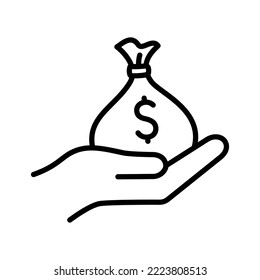 Hand holding money bag icon. Bag with money. Income. Pictogram isolated on a white background. Vector illustration.
