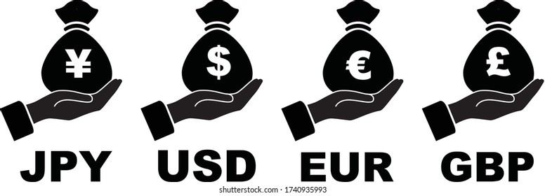 Hand holding money bag illustrated vector icon set of different currencies including JPY, USD, EUR, and GDP.