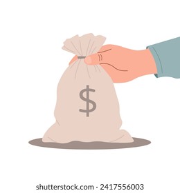 Hand holding money bag illustration, depicting wealth, financial savings, and investment strategy.