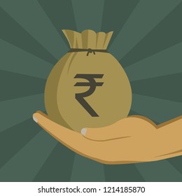 Hand holding a money bag with Indian Rupee