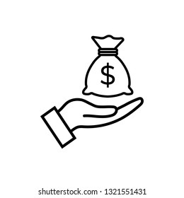 Hand holding money bag line icon, logo isolated on white background