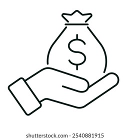 Hand holding a money bag. Line icon. Finance, saving money or salary concept. Dollar sack symbol for web design, website or mobile app. White background. Editable vector stroke. Pixel Perfect.