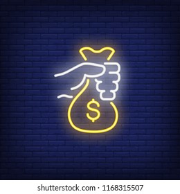 Hand holding money bag neon sign. Money, finance and banking concept. Advertisement design. Night bright neon sign, colorful billboard, light banner. Vector illustration in neon style.