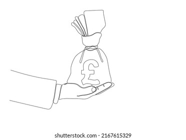 
Hand holding Money bag with pondsterling Sign. continuous line drawing