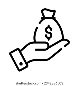 Hand holding money bag, savings icon in trendy style, premium vector design