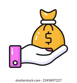 Hand holding money bag, savings icon in trendy style, premium vector design