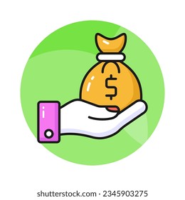 Hand holding money bag, savings icon in trendy style, premium vector design