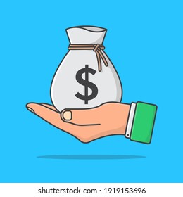 Hand Holding Money Bag Vector Icon Illustration. Money Bag In Hand Flat Icon